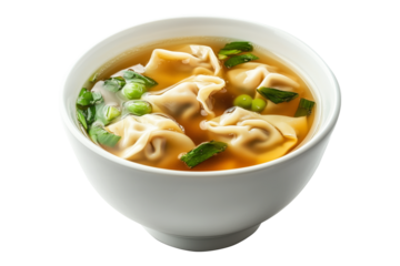 Steamed Dumplings served in hot Wonton Soup garnished with cilantro and scallions, isolated on white transparent background, concept of Asian cuisine