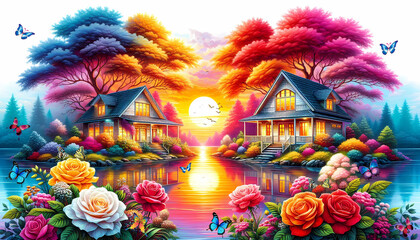 Pictures of beautiful house and the beauty of beautiful trees and beautiful leaves and  rose flowers. sunset 03