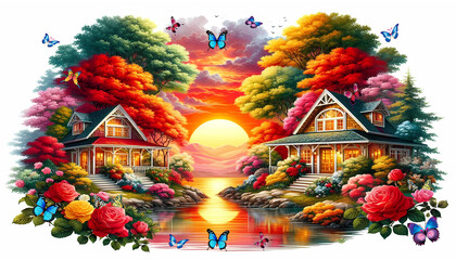 Pictures of beautiful house and the beauty of beautiful trees and beautiful leaves and  rose flowers. sunset 05