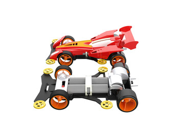 Naklejka premium Two Yonku mini4WD Model Kit Race Cars: Highly Detailed Studio Shot. Excellent for Hobbyist Design Elements, featuring classic plastic scale models for building, racing, and collecting enthusiasts' DIY