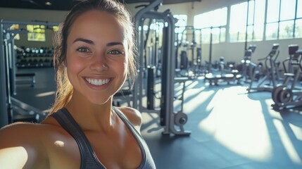 A smiling woman in workout clothes takes a selfie at a sunny gym, surrounded by exercise machines.
