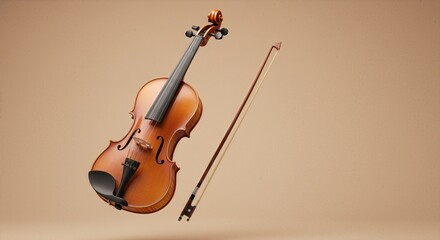 A classical wooden violin and bow appear suspended in mid-air against a soft beige backdrop.