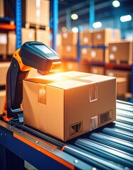 Modern barcode scanner printing labels on cardboard box in warehouse automation