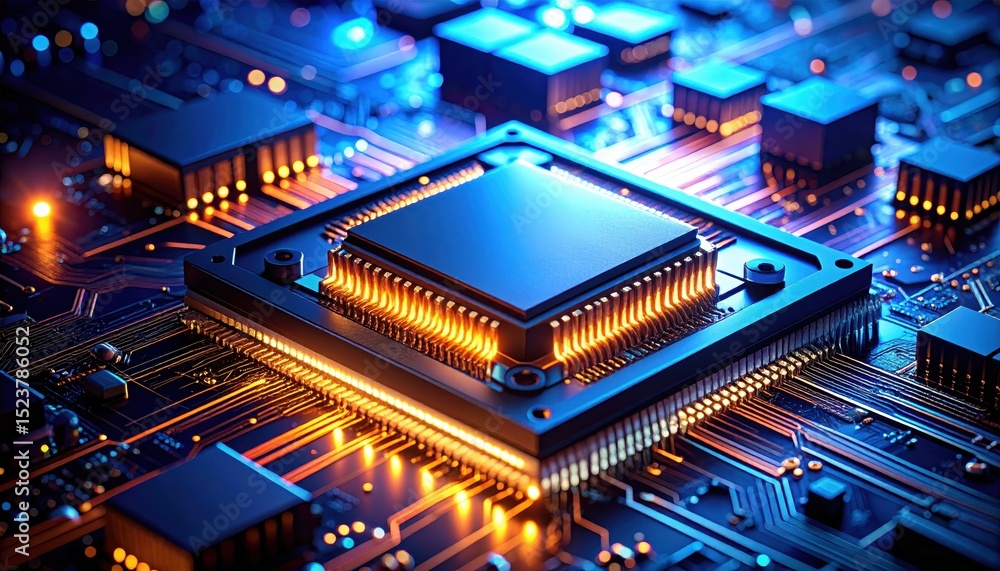 Aufkleber close up shows detailed computer processor with glowing connections beneath.
