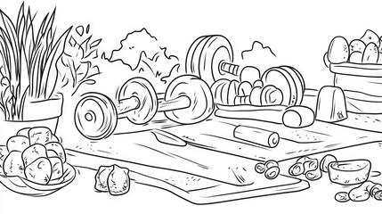 Coloring page with fitness items. Includes simple drawings of weights, mats, workout clothes, and snacks. Great for a printable coloring book.
