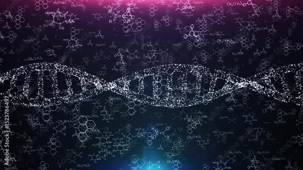 Aufkleber animated dna helix with chemical formulas and molecular structures on dark background