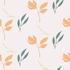 Seamless Botanical Leaf Pattern with Green and Orange Foliage on Light Background