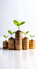 Young sprouts grow from stacks of gold coins showing financial growth concept.
