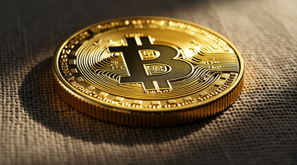 Close-Up View of a Golden Cryptocurrency Coin on a Textured Surface in Bright Light