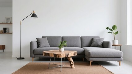 Modern Living Room with Gray Sofa and Wooden Coffee Table