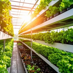 Rows of various fresh green leafy vegetables grow in modern greenhouse farm