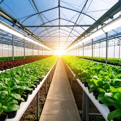 Brightly Lit Greenhouse Interior with Growing Vegetable Plants in a Modern Urban Agricultural Facility