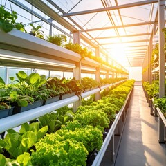 Rows of fresh lettuce plants grow in a modern hydroponic greenhouse farm.