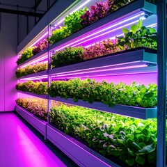 Vertical farm shows rows of greens growing under led grow lights indoors.
