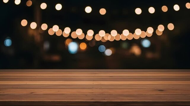 Wooden Table Top With Blurred Night Lights