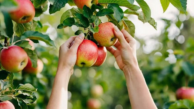 Hands picking ripe apples from tree branches in orchard during harvesting season