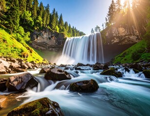 Majestic waterfall cascading over rocks surrounded by lush green forest under bright sunlight