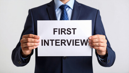Young job seeker in suit holds sign with first interview text showing confidence and readiness for new career opportunity