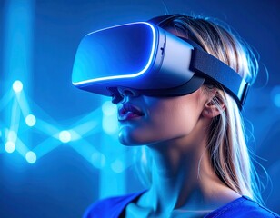 A young blonde woman uses virtual reality headset in a futuristic world