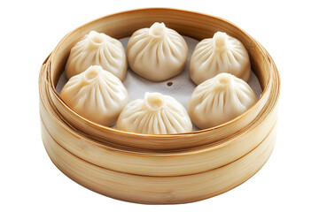 Steamed dumplings Xiao Long Bao in a bamboo steamer isolated on white transparent background, concept of Asian traditional cuisine