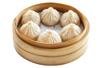 Steamed dumplings Xiao Long Bao in a bamboo steamer isolated on white transparent background, concept of Asian traditional cuisine