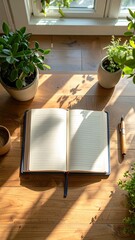 An open journal sits on a wooden desk with plants and sunlight streaming in.