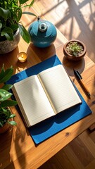 Open journal sits on wooden table with plants and sunlight streaming in.