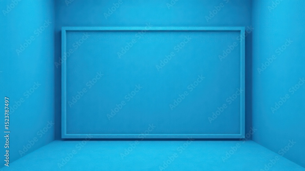 Poster monochromatic cyan textured wall with recessed frame and corner shadows creating a minimal geometric