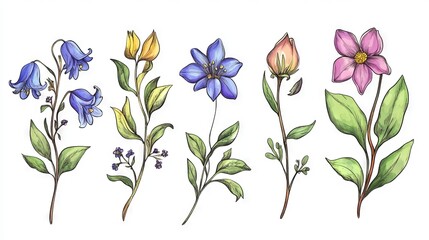 Obraz premium Spring flowers and leaves in a colorful set. Includes hand-drawn wildflowers, branches, and foliage on a white background. Great for decorations, Easter designs, stickers, and prints. 