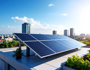 Solar panels array on modern building rooftop, renewable energy technology, sustainable power generation, environmental innovation, blue sky background