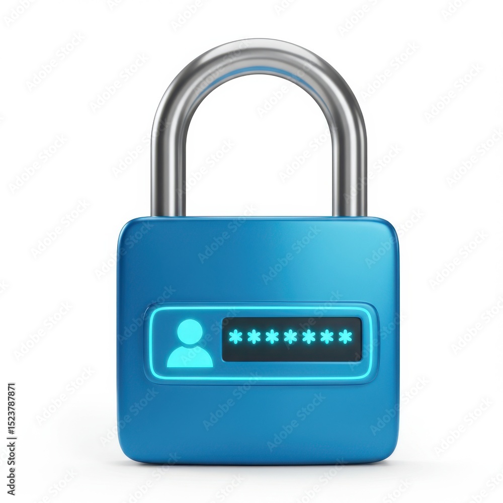 Poster 3d blue padlock with password display isolated on white background
