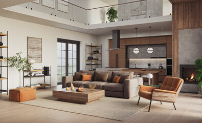 A warm, modern living room with open-concept kitchen, earthy tones, wood textures, and cozy lighting, 3d render