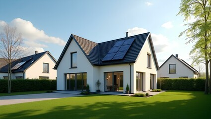 Fototapeta premium Solar Panels on Modern House Roof in Suburb