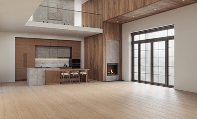 A warm, modern living room with open-concept kitchen, earthy tones, wood textures, and cozy lighting, 3d render