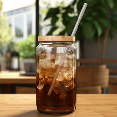 Can Glass With Bamboo Lid Mockup 