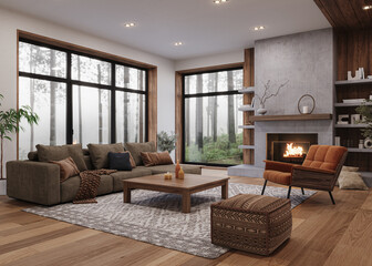 Cozy modern living room with natural wood accents, soft neutral furniture, and a minimalist concrete fireplace. Surrounded by large windows offering a serene forest view, 3d render