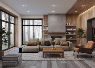 Cozy modern living room with natural wood accents, soft neutral furniture, and a minimalist concrete fireplace. Surrounded by large windows offering a serene forest view, 3d render