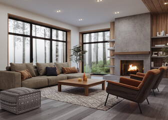Cozy modern living room with natural wood accents, soft neutral furniture, and a minimalist concrete fireplace. Surrounded by large windows offering a serene forest view, 3d render