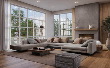 Cozy modern living room with natural wood accents, soft neutral furniture, and a minimalist concrete fireplace. Surrounded by large windows offering a serene forest view, 3d render