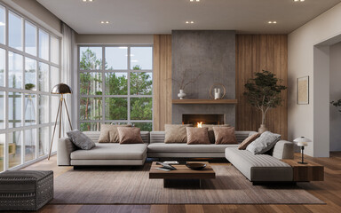 Cozy modern living room with natural wood accents, soft neutral furniture, and a minimalist concrete fireplace. Surrounded by large windows offering a serene forest view, 3d render