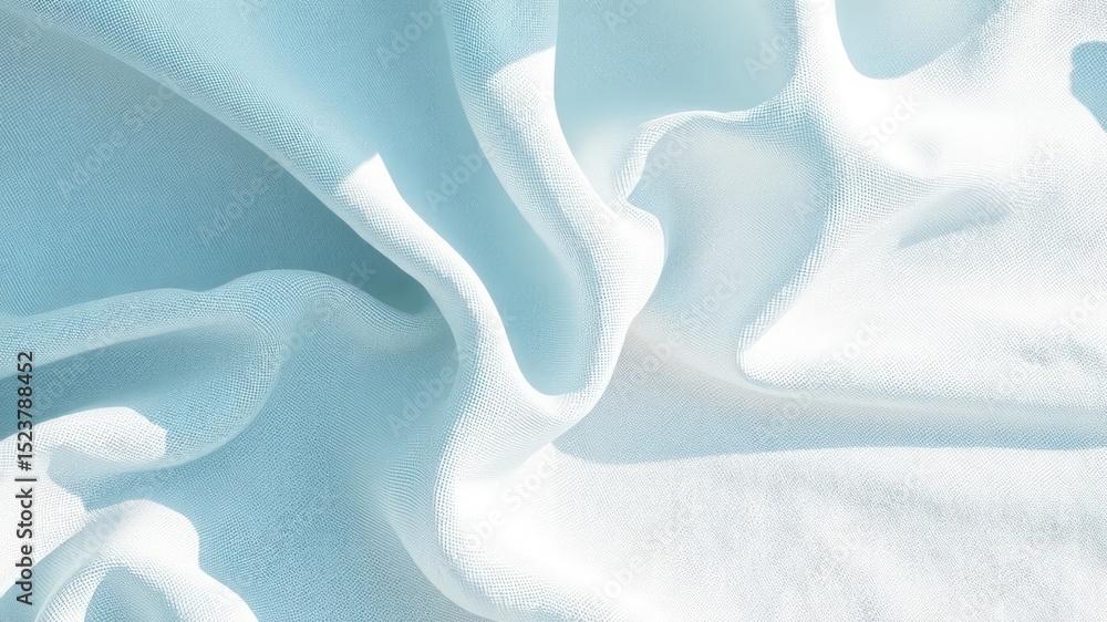 Poster light blue cloth surface texture background, gentle curves and shadows creating soft and airy design