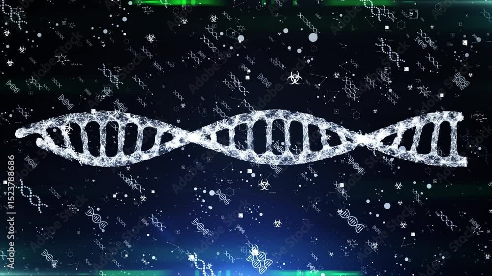 Poster animated dna strand with biohazard symbols and molecular structures on dark background