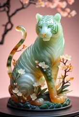 A beautifully sculpted jade-like Tiger statue with a translucent body blending shades of green, white, and amber. Chinese culture, luxurious, and harmonious