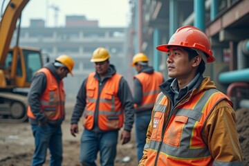 Asian Laborers Working on a Busy Construction Site with Machinery and Pipes