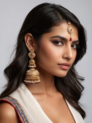 closeup side profile portrait of beautiful indian woman, isolated on white background