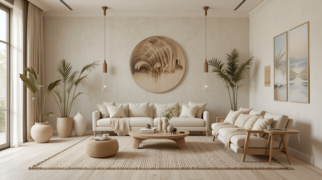 A neutral color palette predominates, with earth tones and soft whites creating a serene and inviting atmosphere.