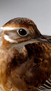 Detailed portrait of a killdeer with distinctive brown plumage and white markings on its head, isolated against a plain background.