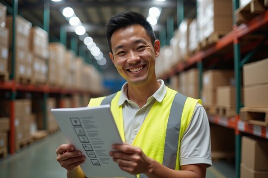 Happy Asian Employee in Warehouse with Logistics and Distribution Checklist Portrait