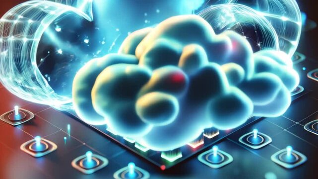 Glowing cloud and data blocks on circuit board visualizing elasticity in cloud computing
