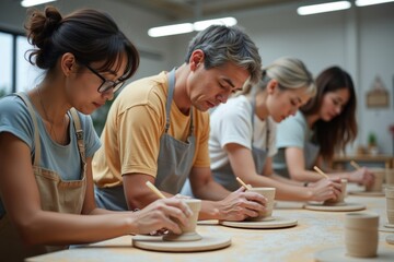 Creating Works of Art: Diverse Group of Mature Asian Students in Pottery Studio